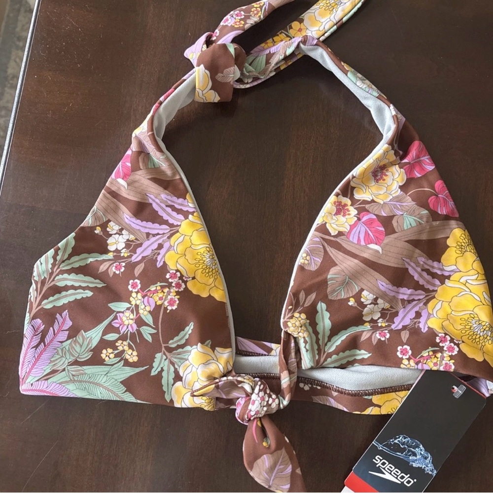 Bundle 3/$15 Speedo Brown Floral Halter Bikini Top with Yellow and Pink Accents